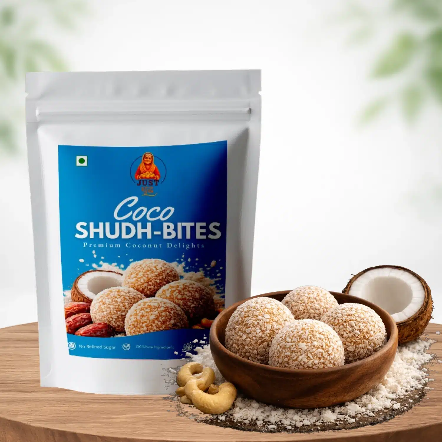 JustShudh Coco Shudh Bites healthy coconut laddu made with coconut dates and nuts