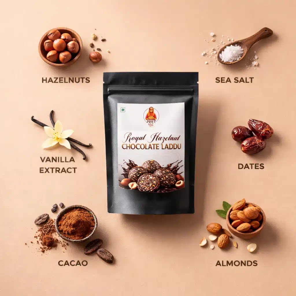 Healthy Chocolate Dates Laddoos | Hazelnut Dry Fruit Ladoo | No Sugar Added | Protein Rich Energy Bites | Natural Healthy Snacks for kids and adults 2 JustShudh Royal Hazelnut Chocolate Laddu ingredients including hazelnuts, cacao, almonds, dates, vanilla extract and sea salt