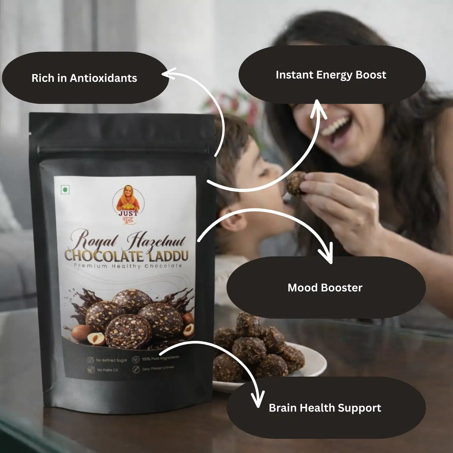 JustShudh Royal Hazelnut Chocolate Laddu healthy energy snack with antioxidants and brain health support