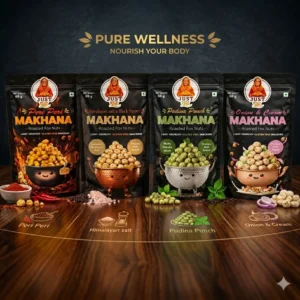 Roasted makhana combo pack with peri peri, himalayan salt, pudina punch and onion cream flavors - healthy fox nuts snack