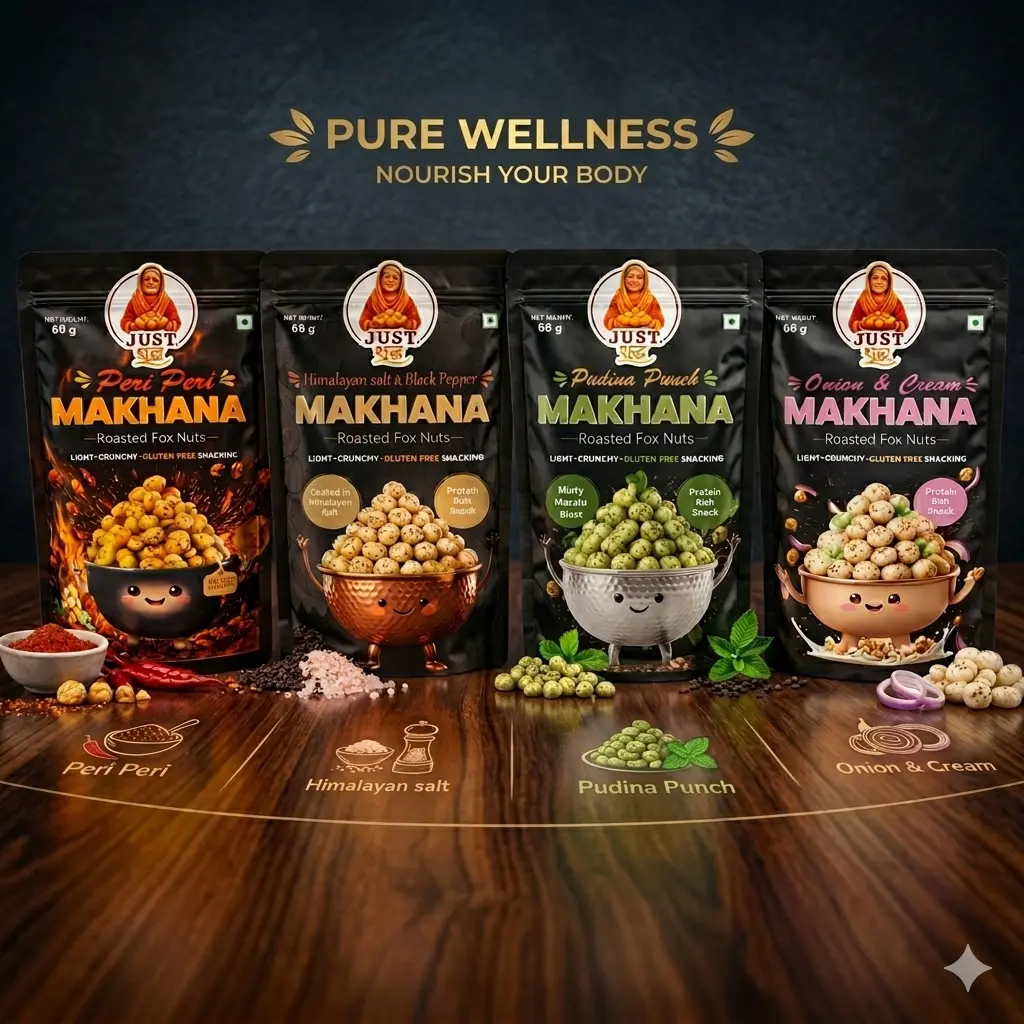 Roasted Makhana (Fox Nuts) Combo Pack – Peri Peri, Himalayan Pink Salt & Black Pepper, Pudina Punch & Onion Cream | Healthy Snack, High Protein, Low Calorie, Gluten Free, Diet & Weight Loss Snacks – 4 packs 1 Roasted makhana combo pack with peri peri, himalayan salt, pudina punch and onion cream flavors - healthy fox nuts snack