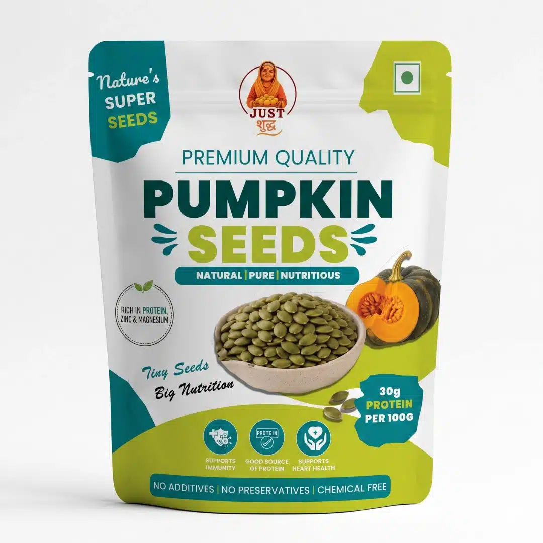 Just Shudh Pumpkin Seeds (Kaddu ke Beej) | Raw & Natural | 30g Protein per 100g | Rich in Zinc & Magnesium | Supports Immunity, Heart Health & Muscle Recovery | No Additives 2 Just Shudh pumpkin seeds pack grey background premium quality