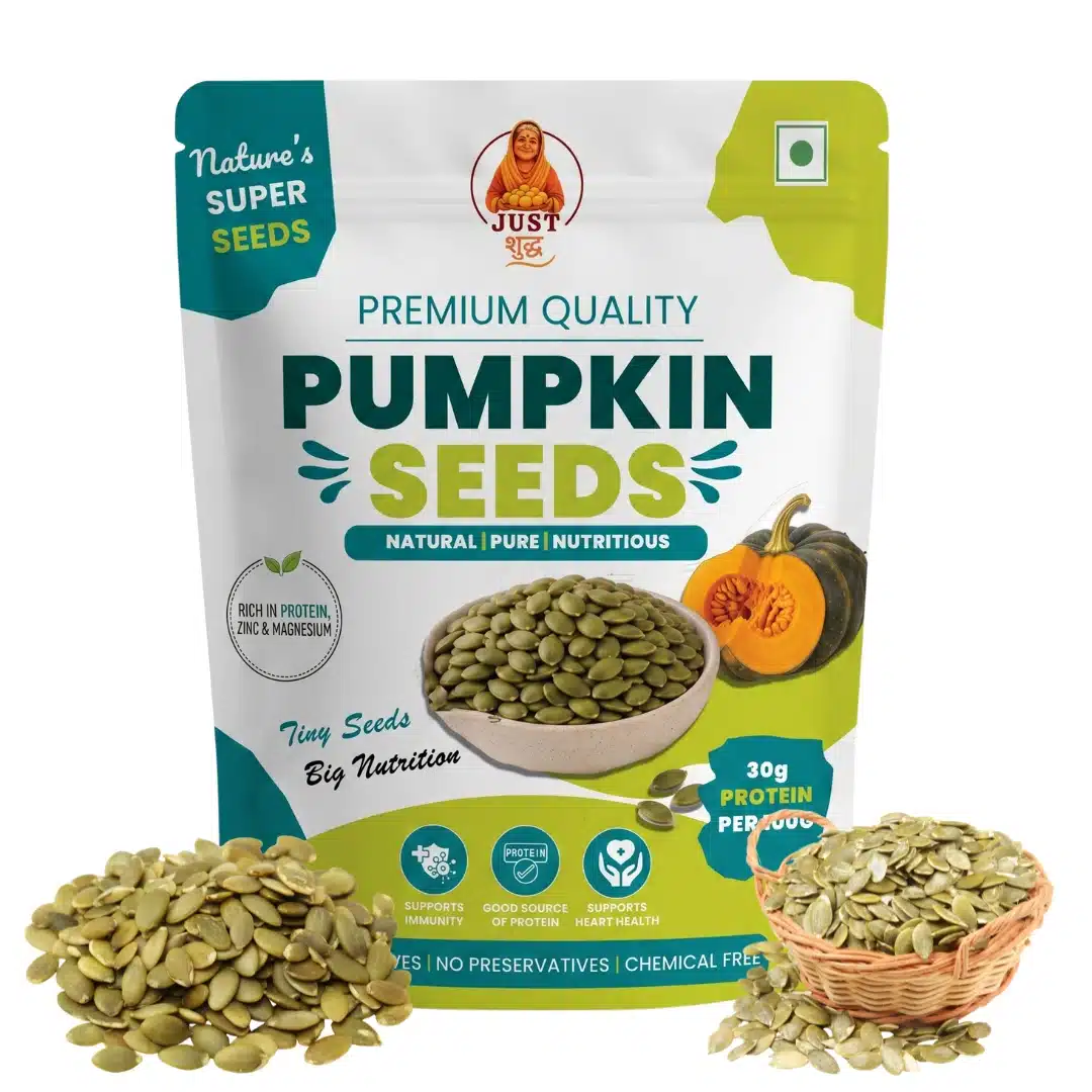Just Shudh Pumpkin Seeds (Kaddu ke Beej) | Raw & Natural | 30g Protein per 100g | Rich in Zinc & Magnesium | Supports Immunity, Heart Health & Muscle Recovery | No Additives 4 Just Shudh pumpkin seeds pack with raw seeds and basket display