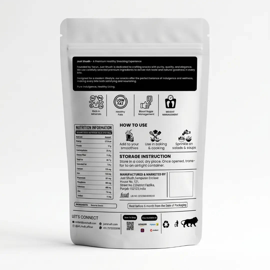 Just Shudh White Sesame Seeds (Til / Gingelly Seeds) | Natural & Pure | Rich in Calcium, Iron & Magnesium | Supports Bone Health, Heart & Blood Sugar | No Additives | 100% Vegan 3 sesame-seeds-back-pack-nutrition-justshudh