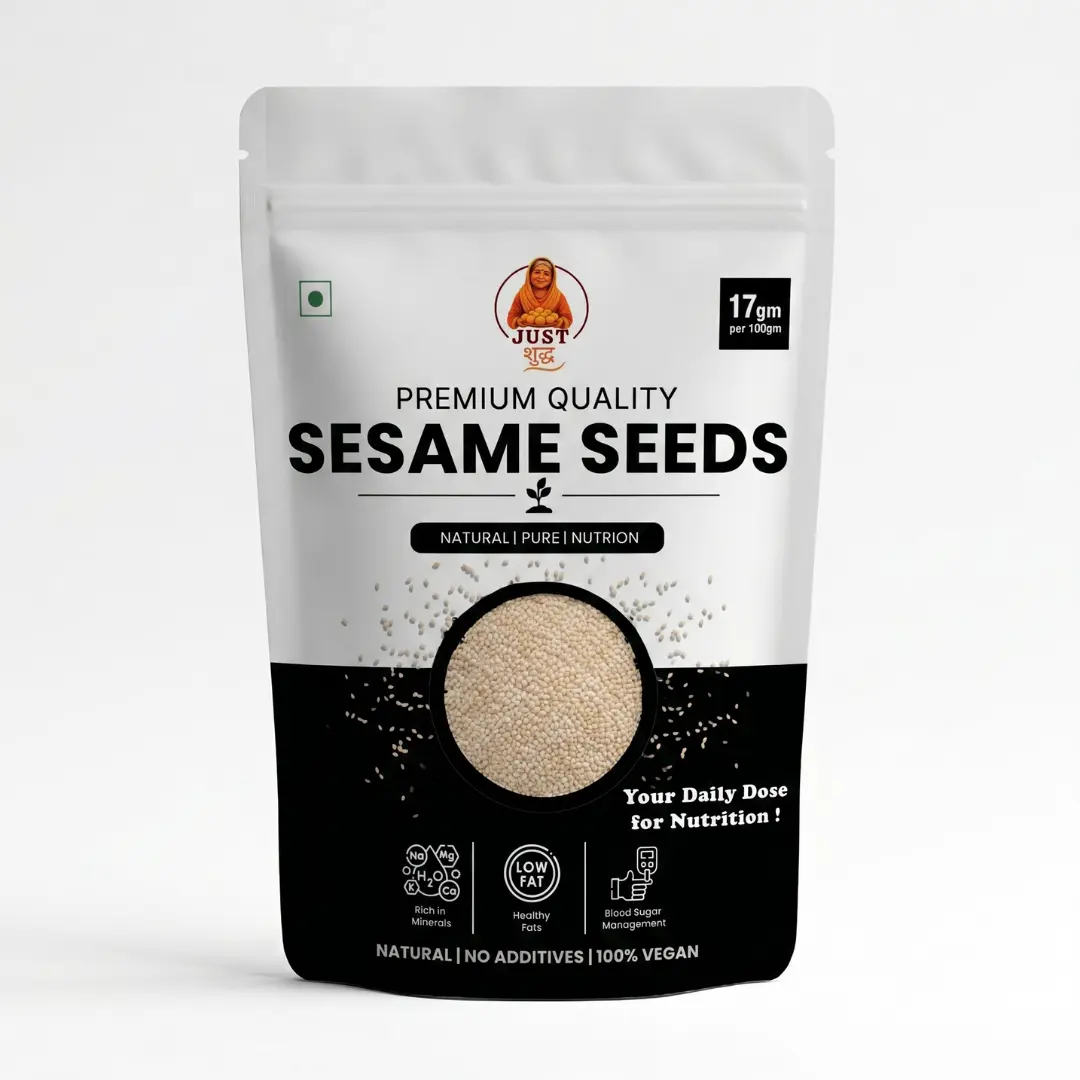 Just Shudh White Sesame Seeds (Til / Gingelly Seeds) | Natural & Pure | Rich in Calcium, Iron & Magnesium | Supports Bone Health, Heart & Blood Sugar | No Additives | 100% Vegan 2 Just Shudh sesame seeds til grey background premium quality pack
