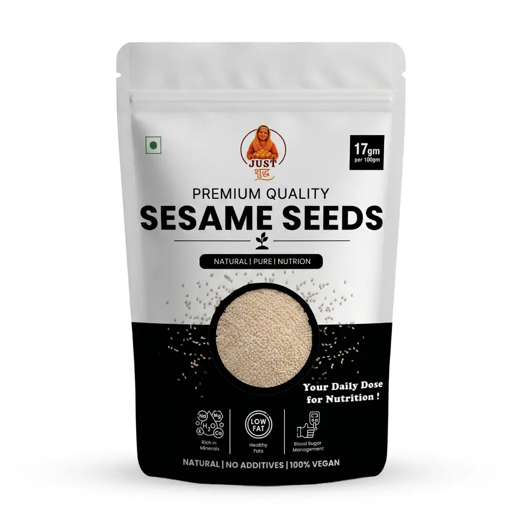 Just Shudh White Sesame Seeds (Til / Gingelly Seeds) | Natural & Pure | Rich in Calcium, Iron & Magnesium | Supports Bone Health, Heart & Blood Sugar | No Additives | 100% Vegan 1 Just Shudh white sesame seeds til natural no additives 100% vegan pack