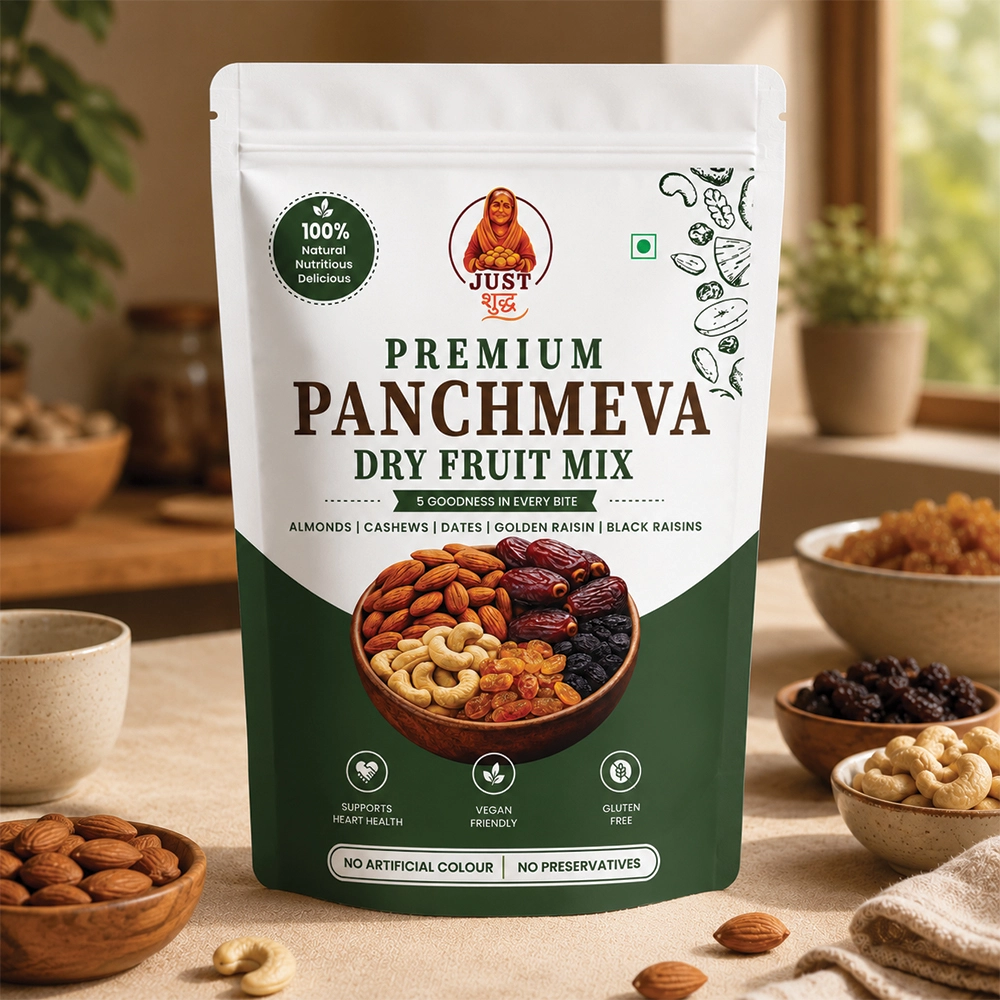 JustShudh Panchmeva Dry Fruit Mix — Classic 5-in-1 (No Added Sugar) 2 JustShudh Panchmeva premium dry fruit mix in kitchen setting with individual ingredients