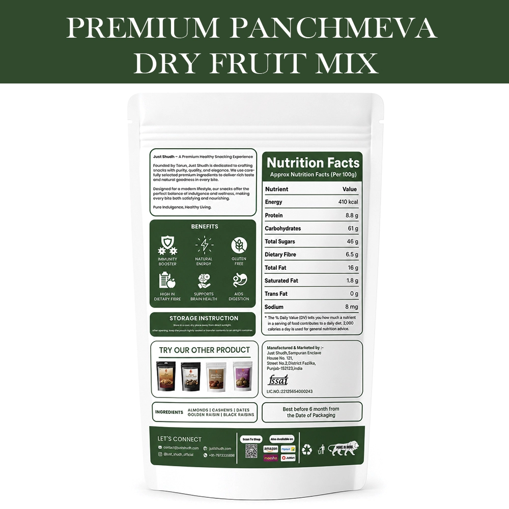 JustShudh Panchmeva dry fruit mix back pack with nutrition facts