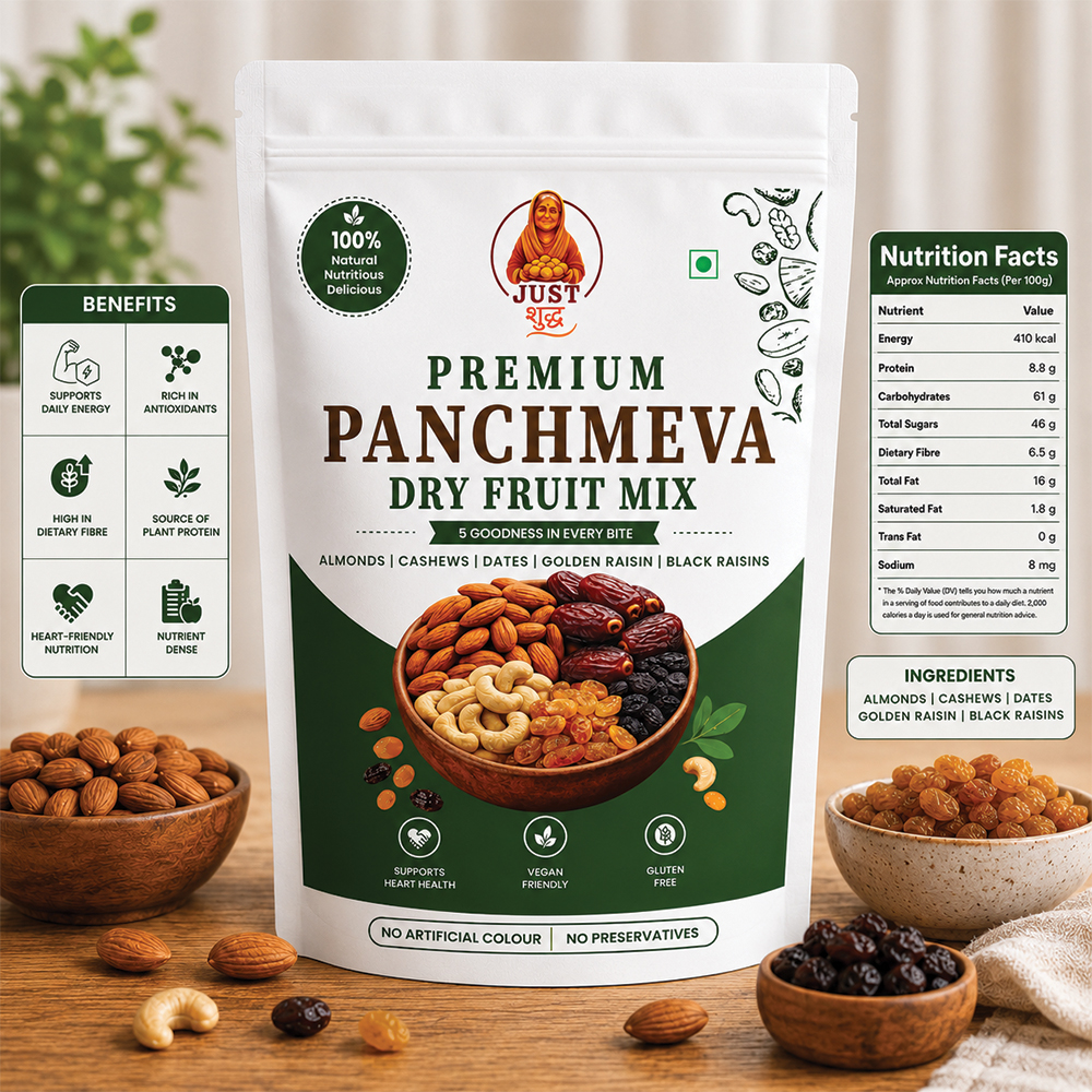 JustShudh Panchmeva Dry Fruit Mix — Classic 5-in-1 (No Added Sugar) 3 JustShudh Panchmeva dry fruit mix with nutrition facts and benefits card — almonds cashews dates raisins