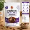 JustShudh Premium Trail Mix pack with ingredients list — almond, cashew, dates, cranberry, sunflower seed, pumpkin seed, raisins