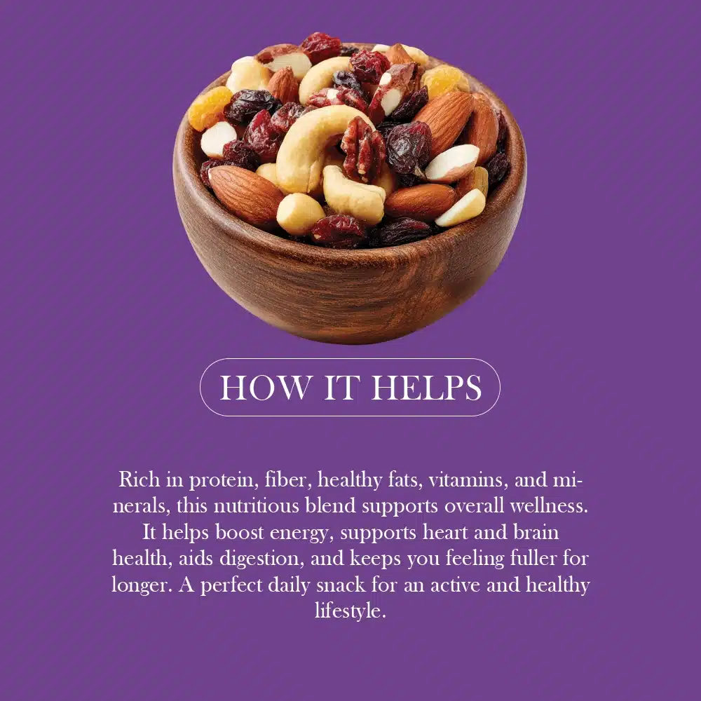 JustShudh trail mix in wooden bowl — mixed nuts, dry fruits and seeds healthy snack